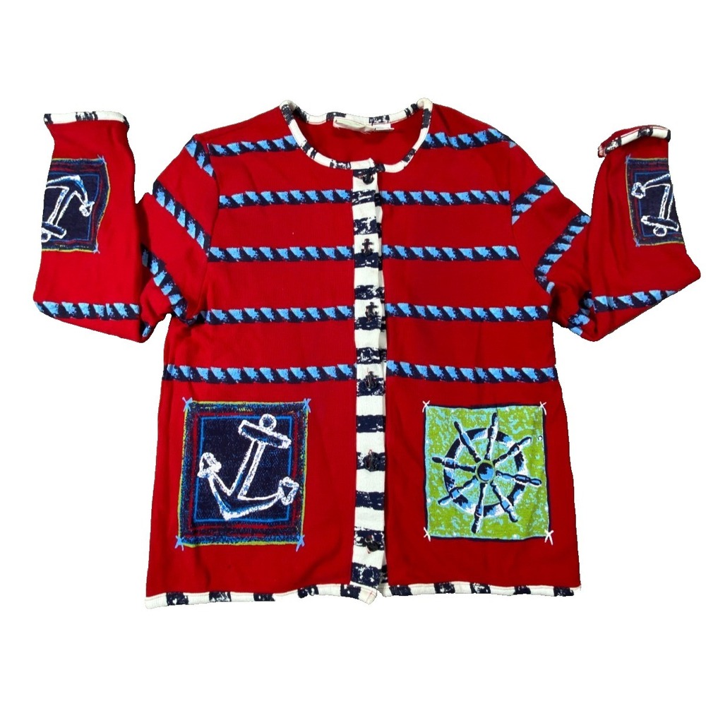 Onque Casuals Cardigan Womens Small Red Nautical‎ Anchor Ship Wheel Knit Sweater